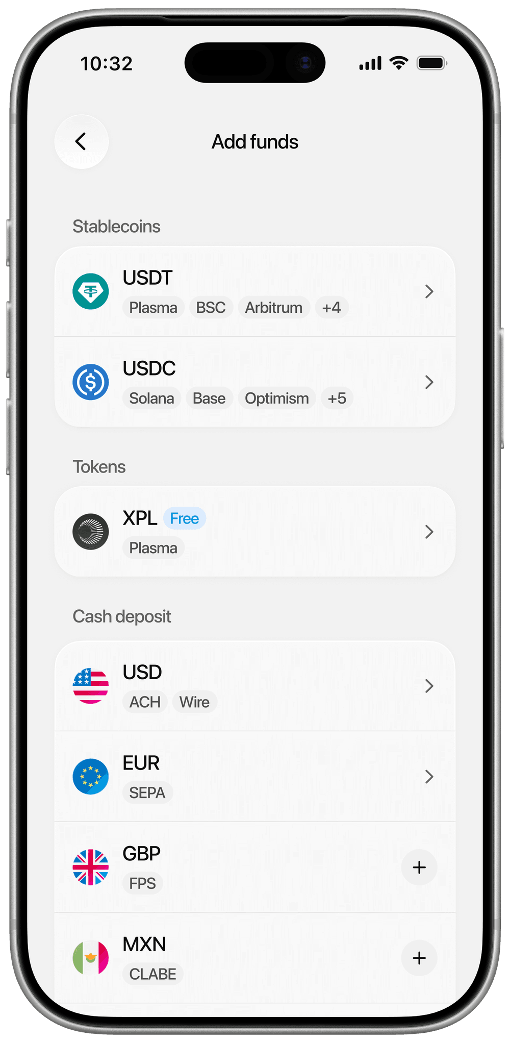 Plasma One Add funds screen listing stablecoin, token, and cash deposit options