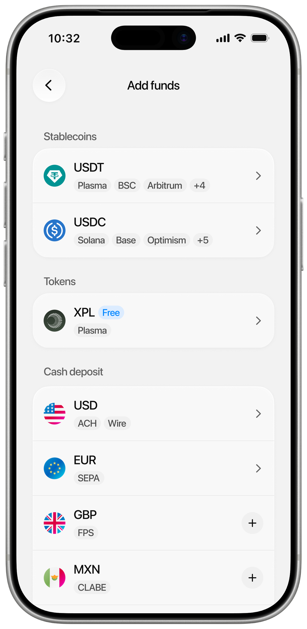 Plasma One Add funds screen listing stablecoin, token, and cash deposit options